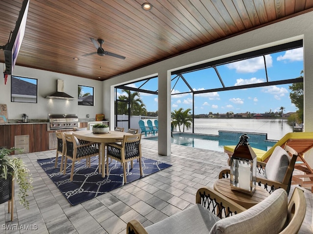 view of patio / terrace featuring area for grilling, a lanai, ceiling fan, grilling area, and a water view