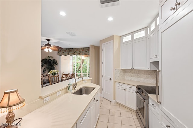 kitchen featuring ceiling fan, sink, white cabinets, and stainless steel electric range oven