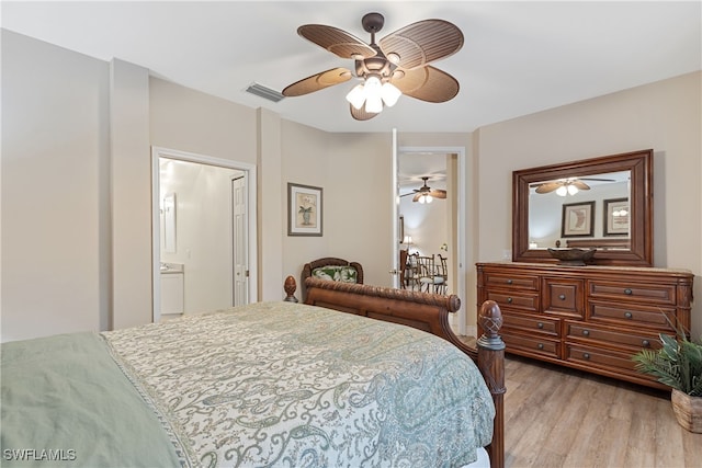 bedroom featuring ceiling fan, connected bathroom, and light hardwood / wood-style floors