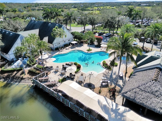 drone / aerial view featuring a water view