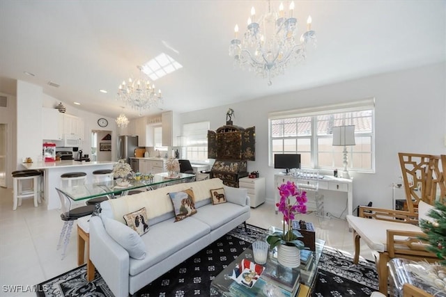 tiled living room featuring vaulted ceiling and a notable chandelier