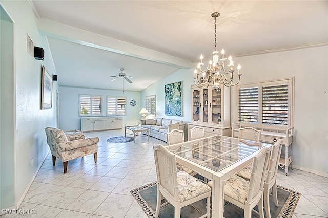 dining room with vaulted ceiling with beams and ceiling fan with notable chandelier