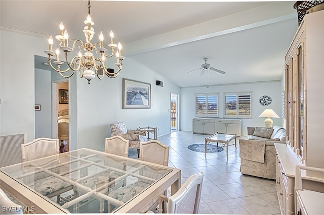 dining area with lofted ceiling with beams, crown molding, light tile patterned floors, and ceiling fan