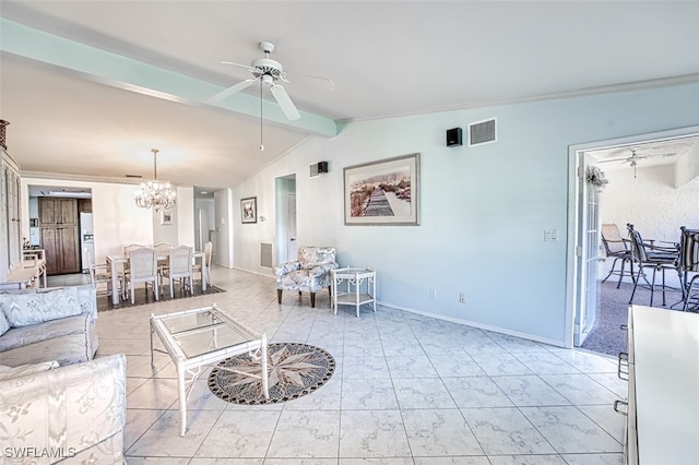 living room with vaulted ceiling with beams and ceiling fan with notable chandelier