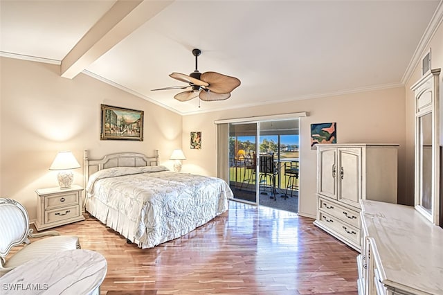 bedroom with ceiling fan, access to exterior, hardwood / wood-style floors, ornamental molding, and lofted ceiling with beams