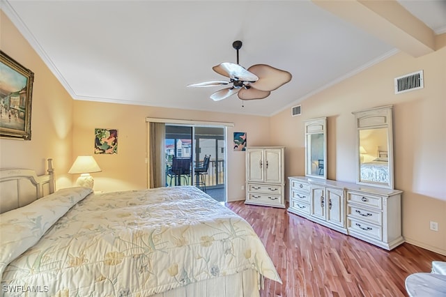 bedroom featuring hardwood / wood-style floors, vaulted ceiling with beams, ornamental molding, access to exterior, and ceiling fan