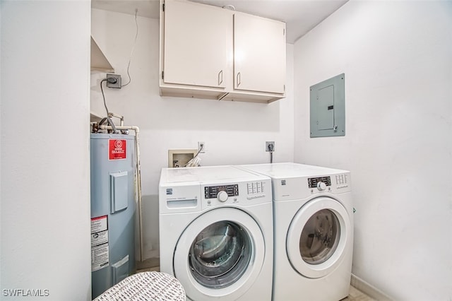 laundry area with cabinets, electric panel, washing machine and dryer, and water heater