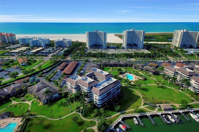 bird's eye view with a water view