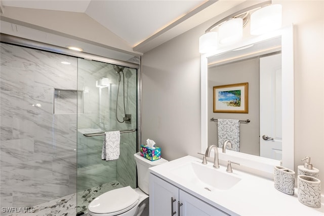 bathroom featuring a shower with door, vaulted ceiling, vanity, and toilet