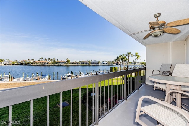 balcony featuring ceiling fan and a water view