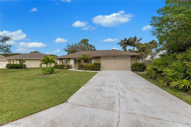 single story home with a garage and a front lawn