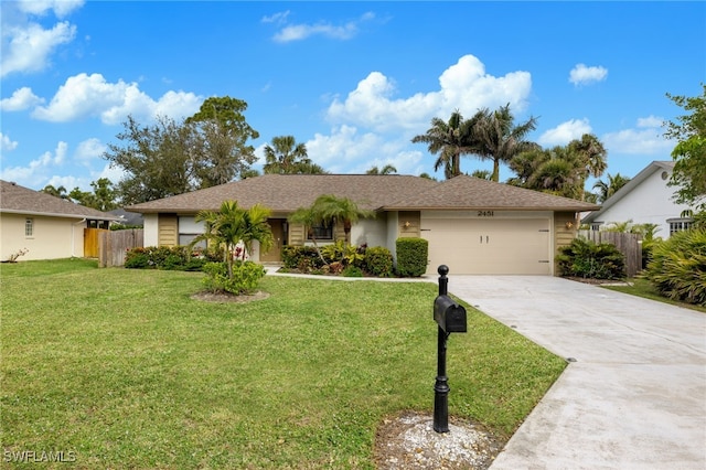 ranch-style house with a garage and a front lawn