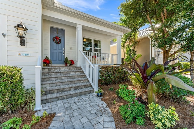 view of exterior entry with a porch