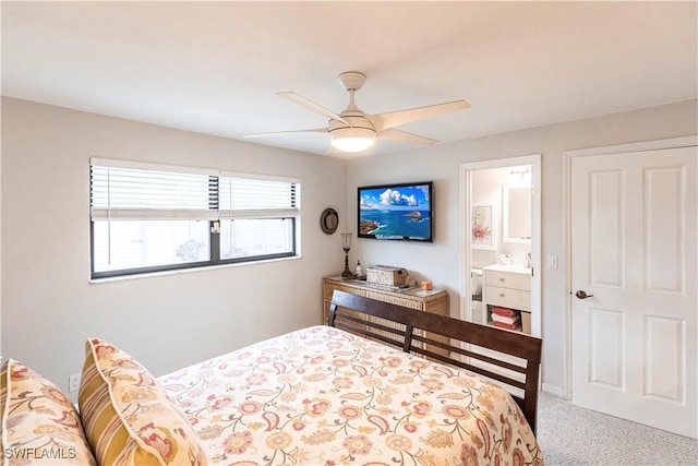 bedroom with ceiling fan and carpet flooring