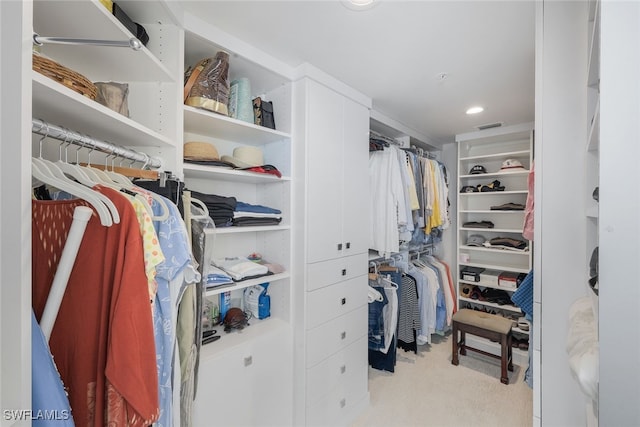 walk in closet featuring light carpet