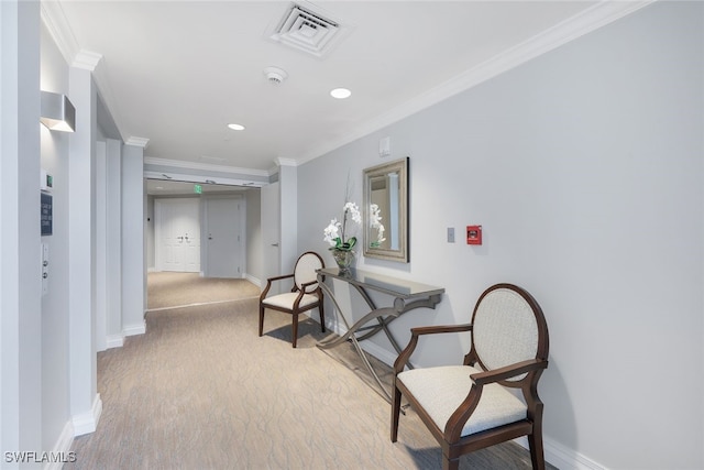 corridor featuring ornamental molding, recessed lighting, visible vents, and baseboards