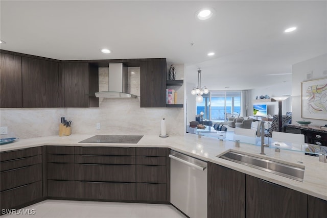 kitchen with open floor plan, dark brown cabinetry, a sink, dishwasher, and wall chimney exhaust hood