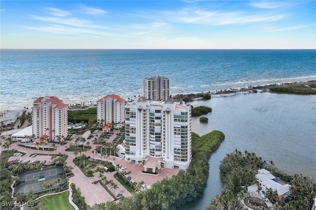 bird's eye view with a water view