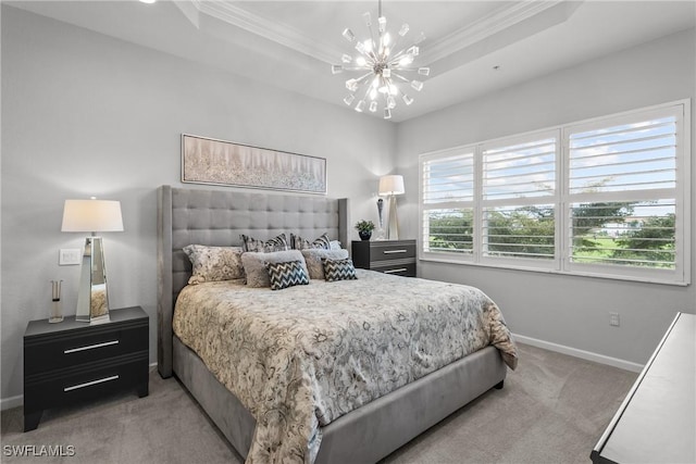 carpeted bedroom with an inviting chandelier, crown molding, and a raised ceiling