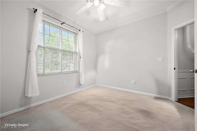 carpeted spare room featuring ceiling fan and crown molding