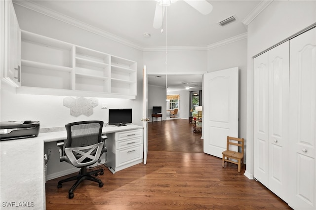 home office with ceiling fan, dark wood-type flooring, and crown molding