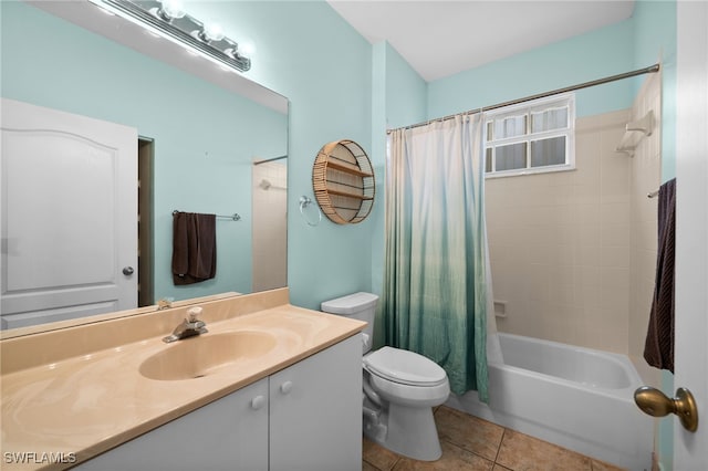 full bathroom with toilet, tile patterned floors, vanity, and shower / bath combo with shower curtain