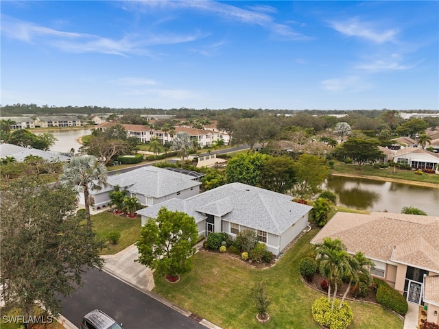 drone / aerial view featuring a water view