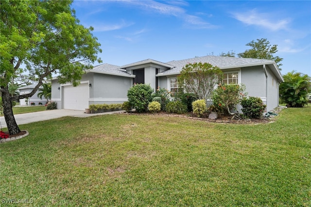 single story home with a garage and a front yard