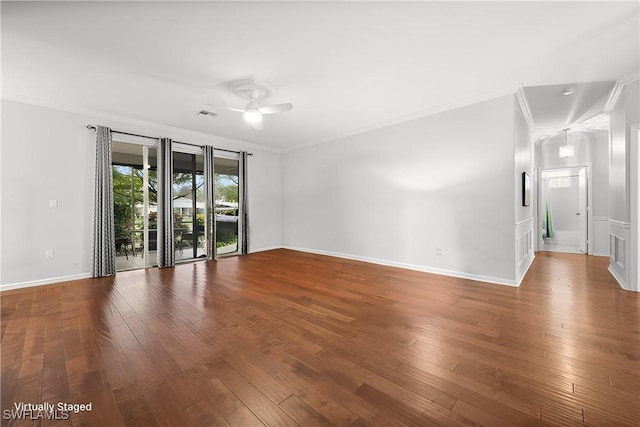 unfurnished room featuring ceiling fan, crown molding, and hardwood / wood-style floors