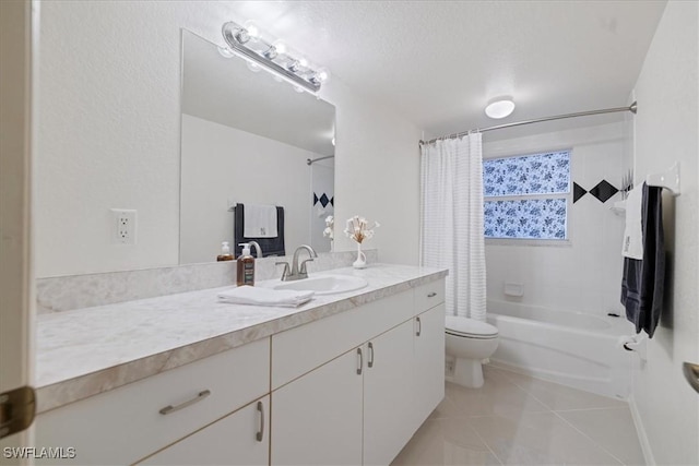 full bathroom with toilet, shower / bath combo with shower curtain, tile patterned floors, a textured ceiling, and vanity