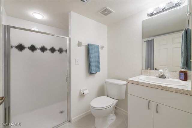 bathroom with toilet, vanity, tile patterned flooring, a textured ceiling, and an enclosed shower