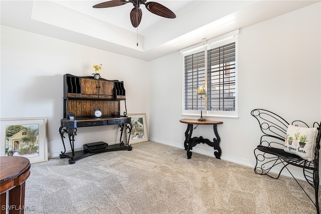 miscellaneous room featuring a raised ceiling, light colored carpet, and ceiling fan