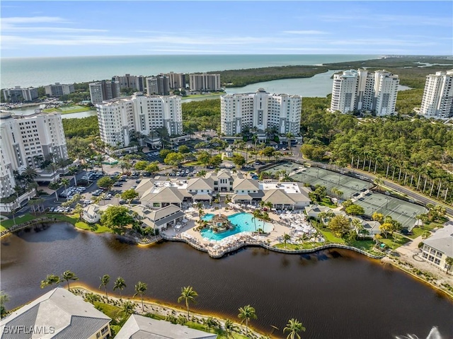 aerial view featuring a water view