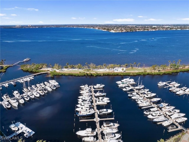 drone / aerial view with a water view