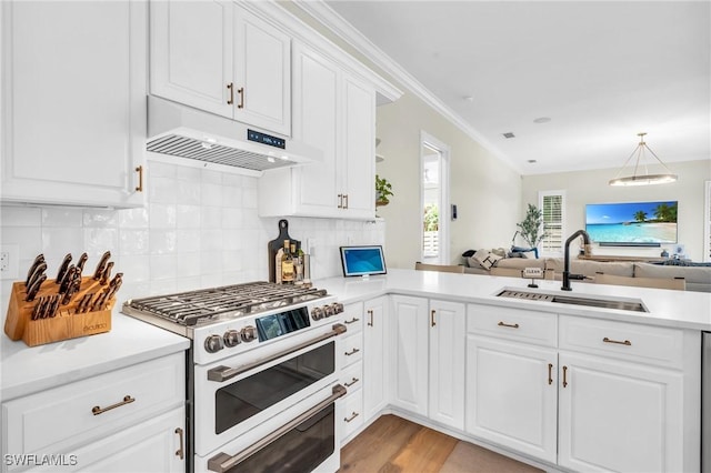 kitchen with decorative backsplash, sink, range with two ovens, and white cabinets