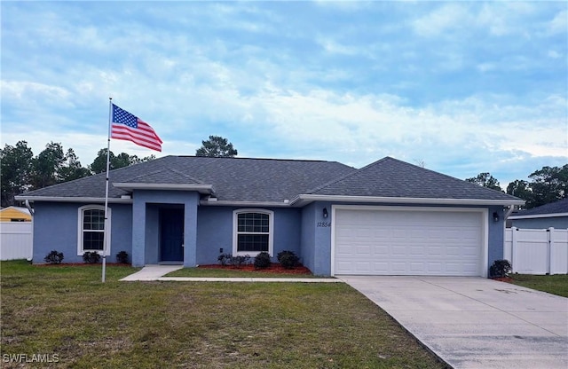 single story home featuring a front lawn and a garage