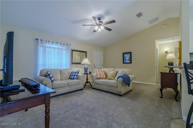 carpeted living room featuring vaulted ceiling and ceiling fan