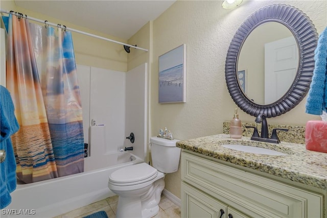 full bathroom featuring shower / tub combo, vanity, toilet, and tile patterned flooring