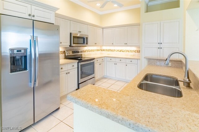 kitchen with ceiling fan, stainless steel appliances, backsplash, white cabinets, and sink