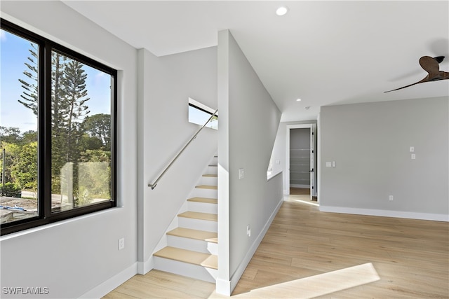 staircase featuring ceiling fan, plenty of natural light, and wood-type flooring