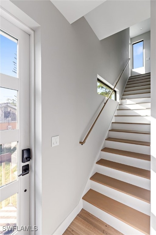 staircase with hardwood / wood-style floors