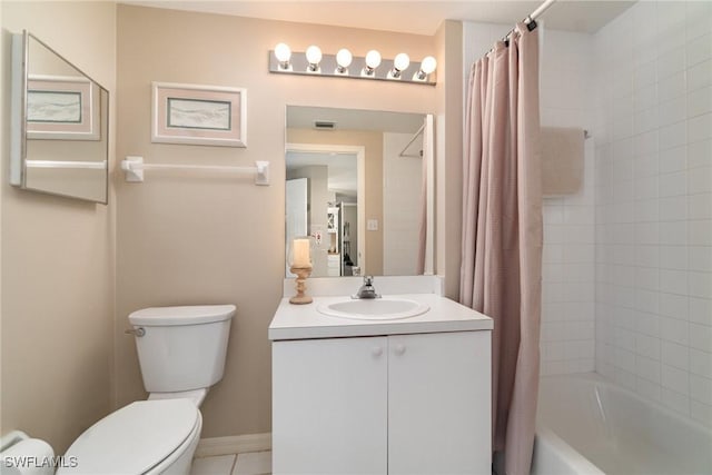 full bathroom with shower / tub combo, vanity, tile patterned flooring, and toilet