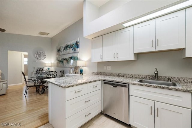 kitchen featuring a sink, a peninsula, white cabinetry, and dishwasher