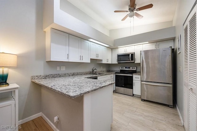 kitchen with appliances with stainless steel finishes, white cabinetry, a sink, and a peninsula