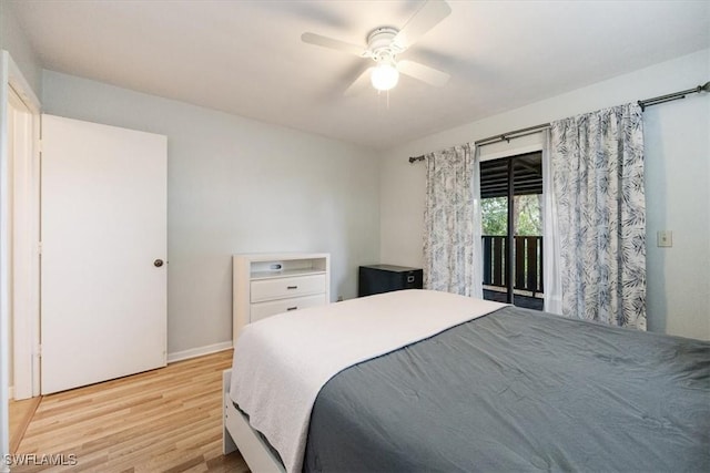 bedroom with light wood-type flooring, access to outside, baseboards, and ceiling fan