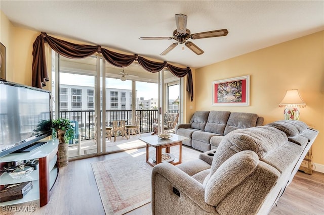 living room with ceiling fan and light wood-type flooring