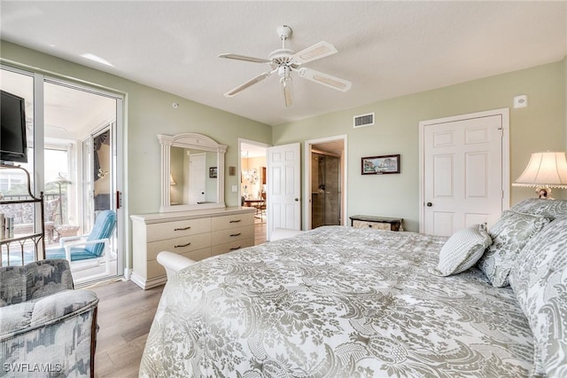 bedroom featuring ceiling fan, access to outside, and light wood-type flooring