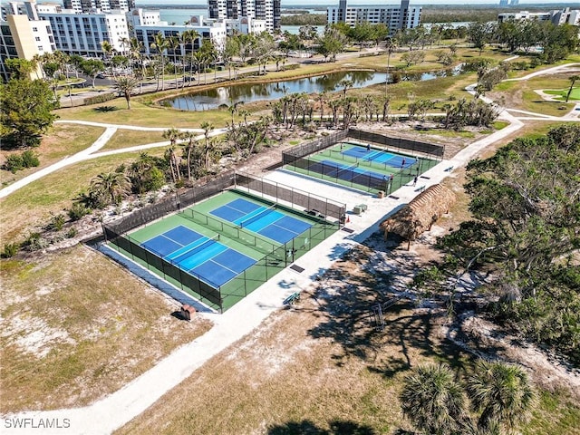 birds eye view of property featuring a water view