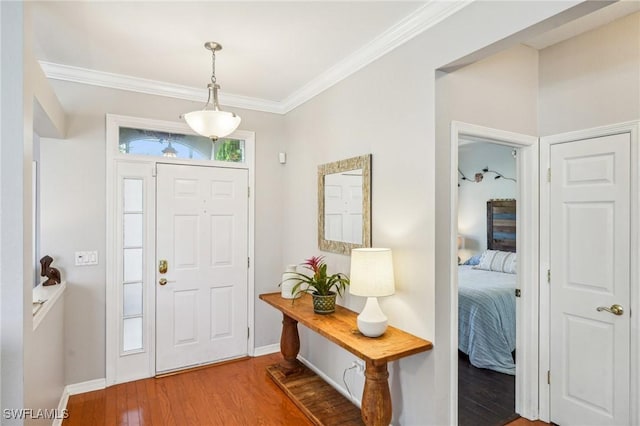 entryway featuring hardwood / wood-style flooring and crown molding