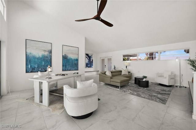 living room with high vaulted ceiling and ceiling fan